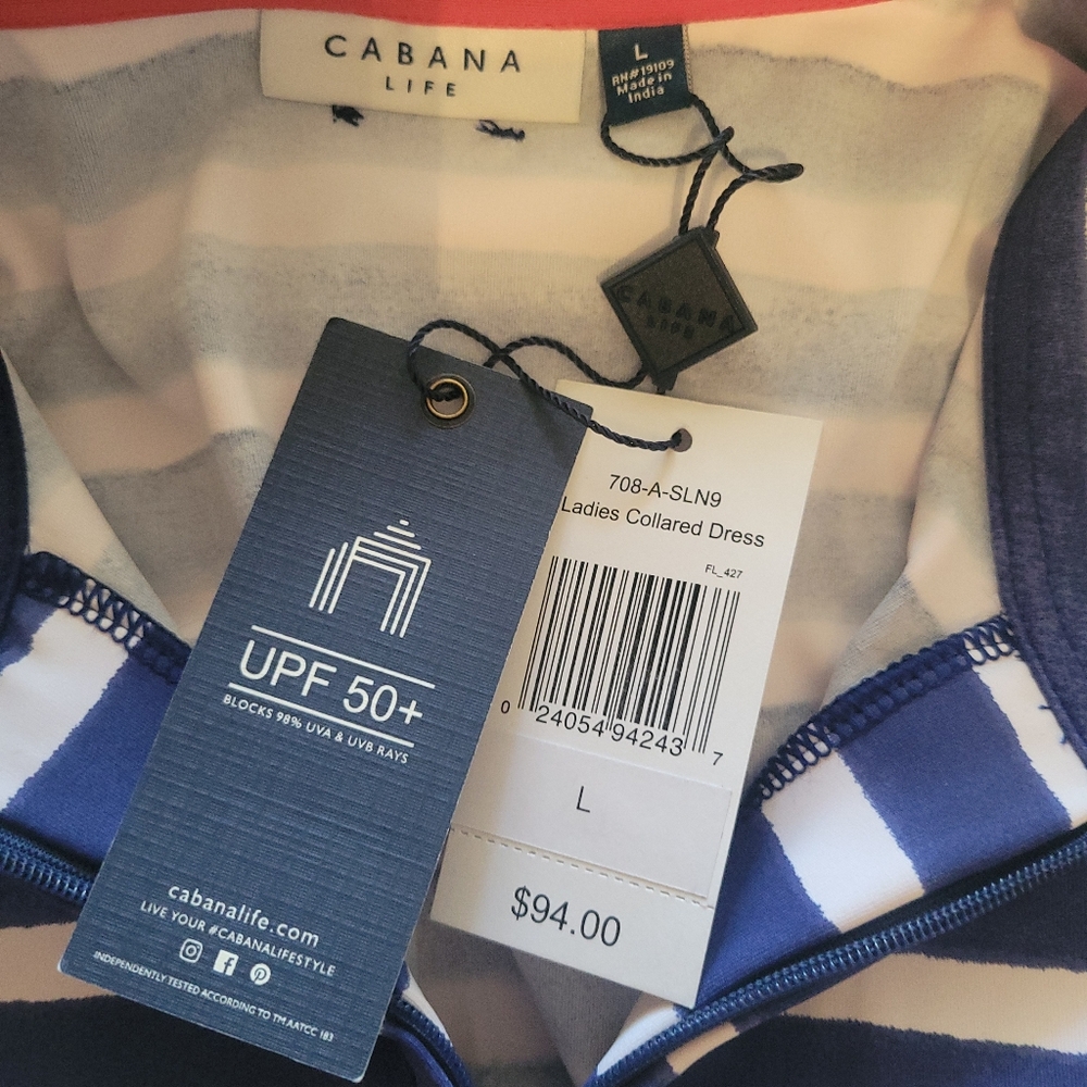 NWT Cabana Life UPF 50+ Collared 1/4 Zip Striped Dress Blue White L - Picture 8 of 9